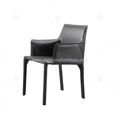 Italian minimalist black saddle leather armrest chairs